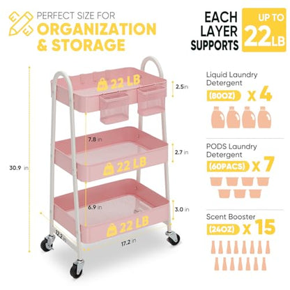 Sekey 3 Tier Rolling Cart, Hanging Cups, Hooks, Heavy Duty Mesh Rolling Storage Cart Organizer with 2 Lockable Wheels for Bathroom, Kitchen, Office, Craft, Makeup, Baby Essentials, Pink - color: Pink