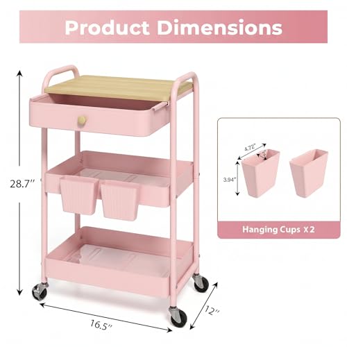 Rolling Cart with Drawers, Storage Cartwith Locked Wheels, Hooks & Hanging Cups for Any Room, Pink - color: Pink
