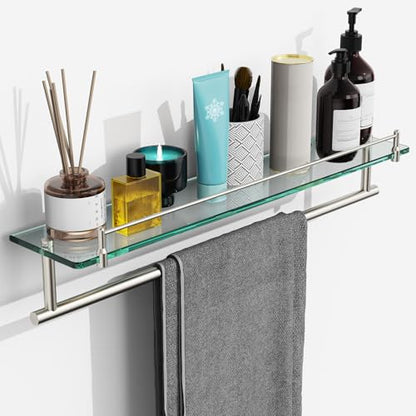 24-Inch Tempered Glass Bathroom Shelf with Towel Bar - Brushed Nickel Towel Holder Modern SUS304 Stainless Steel, Wall Mount Towel Hanger - color: Brushed Nickel, size: 24-inch with Railing