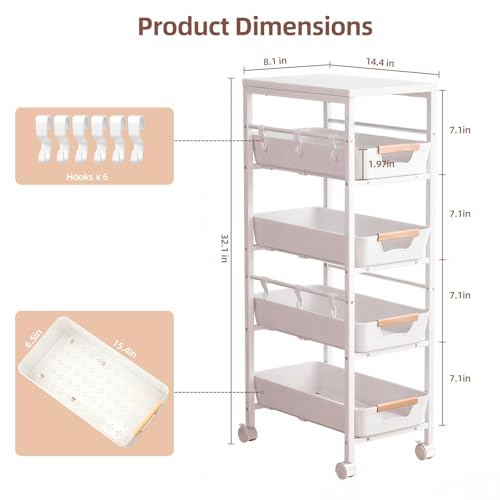 5 Tier Slim Rolling Storage Cart with Pull-Out Drawers, White | Narrow Utility Organizer Cart, Wooden Top, Wheels, For Small Spaces, Kitchen, Bathroom, Laundry Room - color: White
