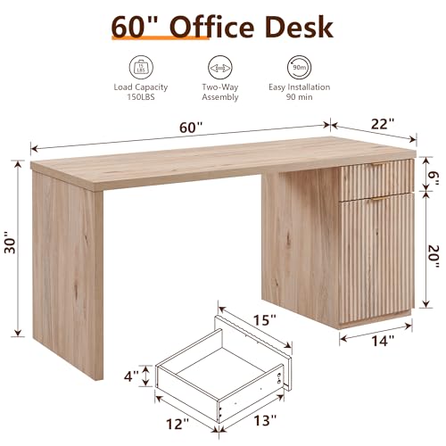 60" Modern Executive Desk with Storage, Wood Home Office Desk with Drawer & Cabinet, Fluted Computer Writing Desk for Study, Living Room, Bedroom, Oak - color: Oak, size: 22"D x 60"W x 30H"