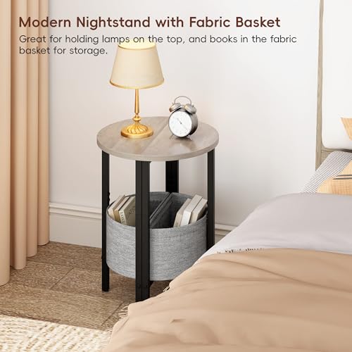 Small Round Side Table End Table, Tall Accent Table with Storage Basket, Set of 2 Half Round Tables Half Moon Tables, Coffee Bedside Tables, Modern Nightstand for Living Room Bedroom, Gray - color: Greige