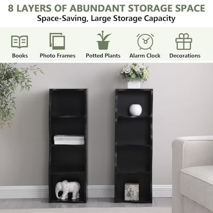 Tall Narrow Bookshelf, 8 Tiers Ultra Slim Bookbase, Skinny Tall Bookshelf, for Living Room, Office, Small Space, Adjustable Shelves, A Wavy Border Design, 11.6'' X 9.3'' X 70.9'' (Black) - color: Black