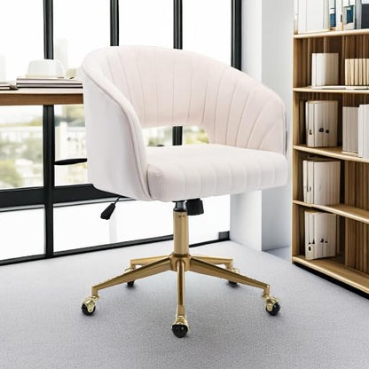Vanity Chair Velvet Desk Chair with Gold Base for Living Room,Cream | Accent Armchair Upholstered Modern Tufted Chairs for Girls Women Ergonomic Study Seat Computer Task Stools for Bedroom - color: Cream