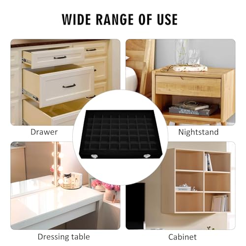 Siveit Velvet Jewelry Tray 48 Grid Jewelry Display Tray Organizer Box with Transparent Lid Rings Earrings Necklaces Pendants Display Box Suitable for Women and Girls (Black) - color: Black