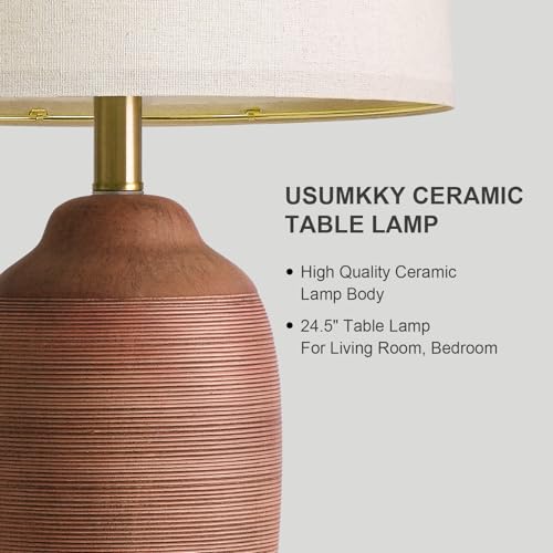 24.5" Single Rustic Terracotta Brown Handcrafted Ceramic Table Lamp 5FT Cord,Farmhouse Vintage Lamp with Linen Drum Shade, Bedside Lamp for Nightstands Bedroom Living Room Entryway,Bulb Not Included - color: 24.5" Terracotta Brown