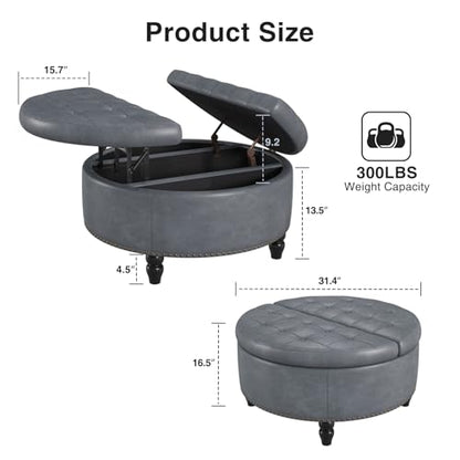 FiveWillowise 30 Inch Large Round Ottoman with Storage Circular,Gray Grey | Leather Coffee Table with Lift Top,Modern Upholstered Button Tufted Footrest Stool Solid Wood Legs for Living Room,Bedroom - color: Grey