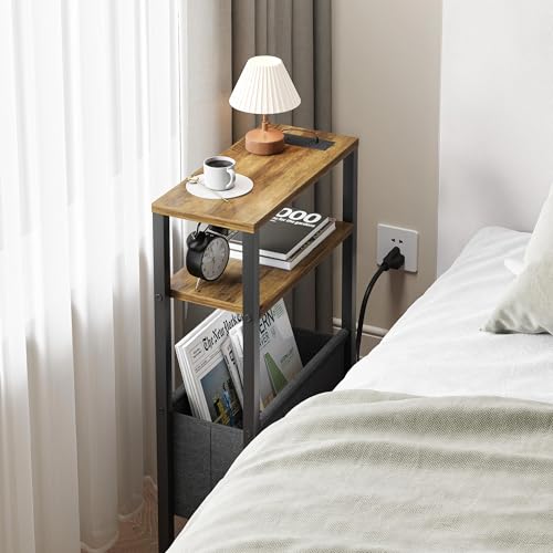 Narrow Side Table with Charging Station Slim End Table Sofa with Magazine Rack, Bedside Table for Small Spaces, 3 Tier Nightstand for Living Room Couch, Bedroom Walnut Brown LET503BRE - color: Walnut Brown, style: With Charging Station
