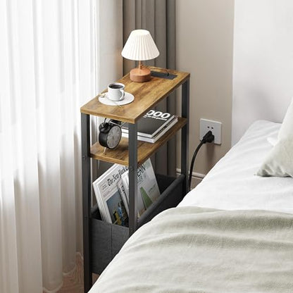 Narrow Side Table with Charging Station Slim End Table Sofa with Magazine Rack, Bedside Table for Small Spaces, 3 Tier Nightstand for Living Room Couch, Bedroom Walnut Brown LET503BRE - color: Walnut Brown, style: With Charging Station
