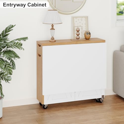 Folding Dining Table for 2-6, Easy Assembly, White+Oak | 52.7" Folding Dining Table with 6 Wheels, Drop Leaf Table with Drawers, Shelves and Wine Rack for Small Spaces - color: White
