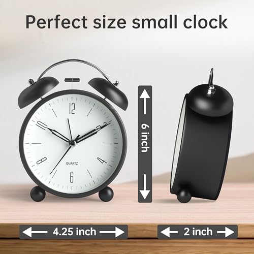 Twin Bell Loud Alarm Analog Alarm Clock, 4 inch Super Silent Non Ticking Small Clock with Night Light, Battery Operated, Simple Design, Old Fashioned, for Heavy Sleeper, Bedroom, Bedside, Desk, Black - color: Black+twin Bell