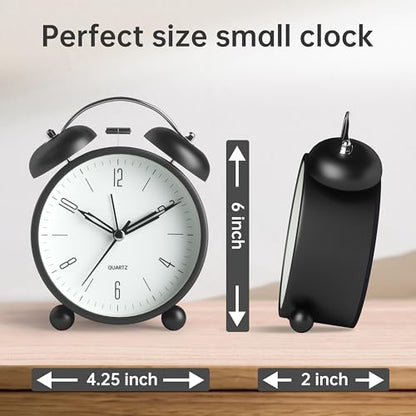 Twin Bell Loud Alarm Analog Alarm Clock, 4 inch Super Silent Non Ticking Small Clock with Night Light, Battery Operated, Simple Design, Old Fashioned, for Heavy Sleeper, Bedroom, Bedside, Desk, Black - color: Black+twin Bell