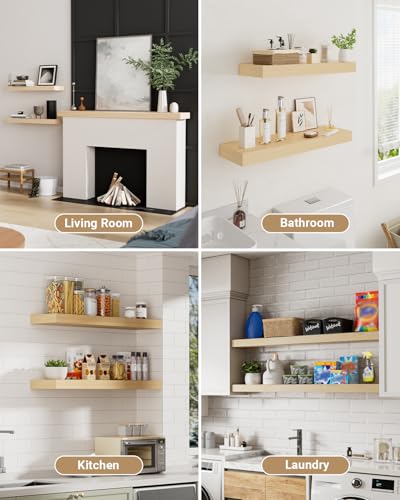 Bathroom White Oak Floating Shelves for Wall, 16W × 8D, Set of 2 | 2" Thick Wooden Wall Shelf, Heavy Duty Bracket, Bedroom Kitchen Living Room, Non-tilting Design, 50LBS Capacity - color: White Oak, size: 16 x 7.9 x 2 (2pc)