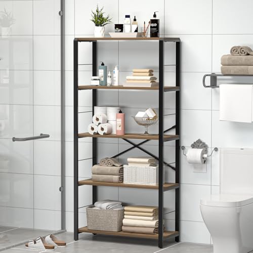 5 Tier Tall Bookshelf, Industrial Bookshelves and Bookcases, Modern Rustic Wood and Metal Book Shelf for Bedroom, Living Room and Home Office, Oak - color: Oak, size: 5-Tier