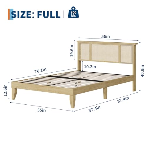 GarveeHome Full Bed Frame with Natural Rattan Headboard, Sturdy Metal Base with Durable Wooden Slats, Boho-Style Cane Mattress Support, No Box Spring Needed
