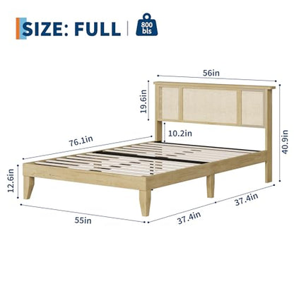 GarveeHome Full Bed Frame with Natural Rattan Headboard, Sturdy Metal Base with Durable Wooden Slats, Boho-Style Cane Mattress Support, No Box Spring Needed