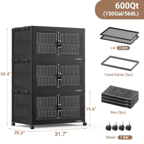 BROVIEW 600Qt Stackable Storage Bins with Lid for Home Dorm, 3Pack Black | Closet Organizers, Foldable & Collapsible Cabinets, Large Containers, Wheels & Magnetic Doors, Plastic Drawers for School - color: Black, size: 200QT-3Pack