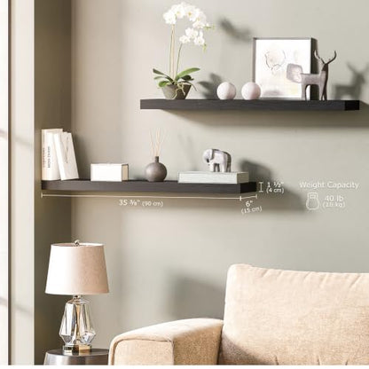 Ballucci Floating Shelves, 36" Wood Wall Shelf Set of 2, with Invisible Brackets for Bathroom, Living Room, Bedroom, Kitchen, Nursery, 6" Deep, Black - color: Black, size: 35.4 inches
