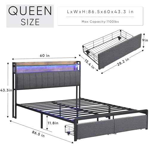 Ailisite Upholstered Queen Size Bed Frame with 2-Tier Headboard and Storage Drawers, Modern Platform Bed Frame with Chargin Station and LED Light, Heavy Duty Metal Bed Frame, No Box Spring Needed,Grey - color: Dark Grey, size: Queen