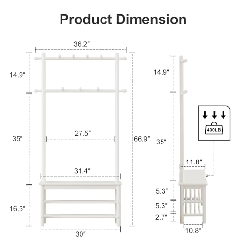 AQIMUELE Coat Rack with Shoe Storage, Wooden Hall Tree with Bench, 11 Hooks and 2-Tier Storage Shelves, 3-in-1, Entryway Bench with Coat Rack (31.5"-White) - color: White, size: 31.5"