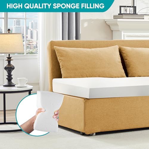 BALUS 43" W Queen Size Sleeper Couch Bed Pull Out Sofa with Pullout Beds, 2 in 1 Convertible Linen Single Sleepers Sofas Chair with Foldable Mattress and Pillows for Small Space Apartment, Yellow - color: Yellow, size: Queen
