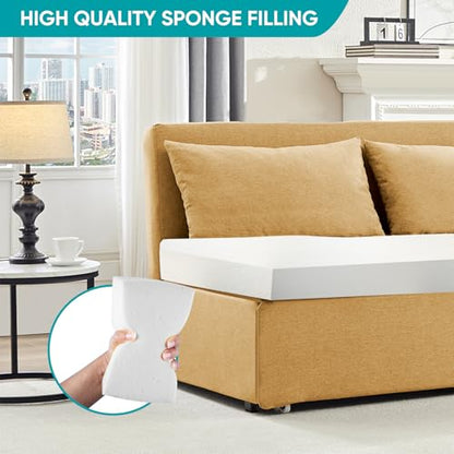 BALUS 43" W Queen Size Sleeper Couch Bed Pull Out Sofa with Pullout Beds, 2 in 1 Convertible Linen Single Sleepers Sofas Chair with Foldable Mattress and Pillows for Small Space Apartment, Yellow - color: Yellow, size: Queen