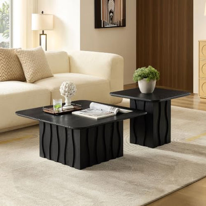 Nesting Coffee Table Set of 2 with Wavy Fluted Base, Black | 31.5" & 21.65", 2PCS Center Tables, Square Tea Table, Easy to Assemble, Mid-Century Modern, for Living Room Office - color: 31.5" & 21.65" - Black