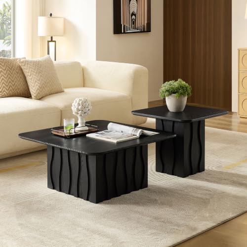 Nesting Coffee Table Set of 2 with Wavy Fluted Base, Black | 31.5" & 21.65", 2PCS Center Tables, Square Tea Table, Easy to Assemble, Mid-Century Modern, for Living Room Office - color: 31.5" & 21.65" - Black