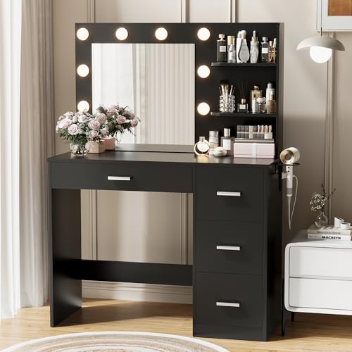 YESHOMY Vanity Desk with Mirror, LED Lights and Storage, Black | Makeup Vanity Table with 10 Lights, Power Outlet, 3 Color Modes, 4 Drawers and Shelves for Bedroom - color: Black