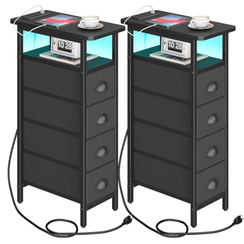 sthmec Nightstand Set 2 with Charging Station, Narrow End Table Set of 2 with 4 Drawers, LED Side Table with Fabric Drawers,Slim Sofa Couch Tables for Small Spaces,Living Room,Bedroom, Black - color: Black, style: Power & LED