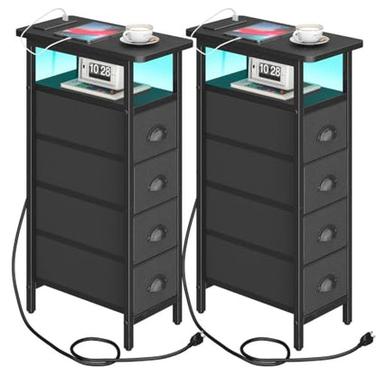 sthmec Nightstand Set 2 with Charging Station, Narrow End Table Set of 2 with 4 Drawers, LED Side Table with Fabric Drawers,Slim Sofa Couch Tables for Small Spaces,Living Room,Bedroom, Black - color: Black, style: Power & LED