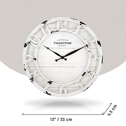 13" Farmhouse Series Wall Clock | Quartz Movement, Shiplap Style, Raised 3D Arabic Numeral, Antique Distressed White - color: Antique Distressed White, size: 13 inch
