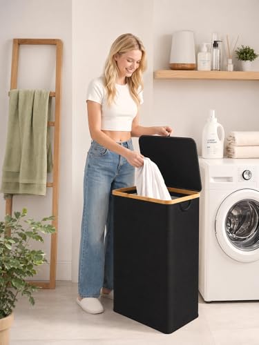 IEGrow Laundry Hamper with Lid,110L Laundry Basket with Mesh Bags,Black | Dirty Clothes Hamper Basket with Bamboo Handle for Clothes Towels - color: Black, size: 110L