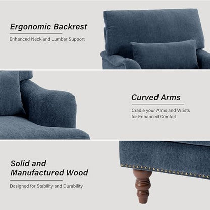 Mid-Century Modern Accent Chair with Lumbar Pillow, Navy, 2 Pack | Upholstered Chenille Armchair, Solid Wood Frame & Legs, Comfy Reading Lounge Sofa for Living Room Bedroom, & Small Spaces - color: Chenille Navy, size: 2 Seat