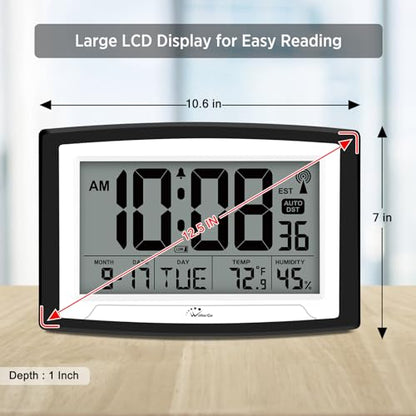 12.5 Inch Atomic Clock with Indoor Temperature and Humidity | Battery Operated Digital Wall or Desk Clock, Auto DST, Large Display for Seniors, Self-Setting, for Classroom, Garage, Office - size: Large