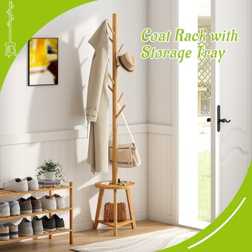 BMOSU Coat Rack freestanding Stand with 2 Shelves Bamboo Wooden Coat Tree Easy Assembly 8 Hooks Standing Jackets Hanger Hallway Office Floor Coat Stand Nature - color: NATURE