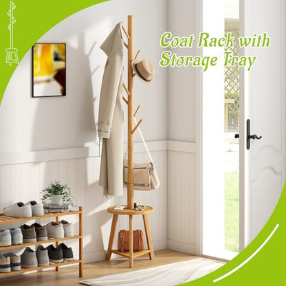 BMOSU Coat Rack freestanding Stand with 2 Shelves Bamboo Wooden Coat Tree Easy Assembly 8 Hooks Standing Jackets Hanger Hallway Office Floor Coat Stand Nature - color: NATURE