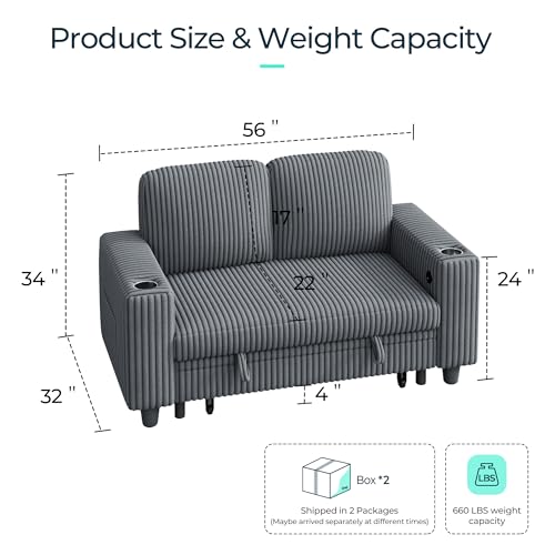 LINSY Home Sectional Couches for Living Room, 56" Loveseat(Storage), Grey | 2 seater sofa for small spaces,corduroy couch with storage - color: Grey