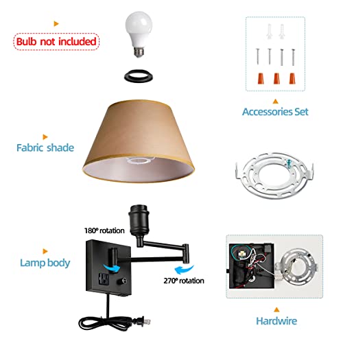 Swing Arm Wall Sconces, Plug-in Wall lamp,Bedroom Wall lamp ， White Fabric Shade with dimmable Switch and USB Charging Port,Suitable for Bedside,Living Room,Reading (Black. Gold Shadow) - color: Black. Gold Shadow