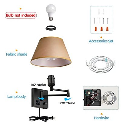 Swing Arm Wall Sconces, Plug-in Wall lamp,Bedroom Wall lamp ， White Fabric Shade with dimmable Switch and USB Charging Port,Suitable for Bedside,Living Room,Reading (Black. Gold Shadow) - color: Black. Gold Shadow