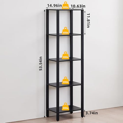 YUFAM 5 Tier Tall Narrow Bookshelf, Skinny Bookcase, Wooden Shelf, Black | 54'' Tall Thin Book Shelf, Skinny Book Shelf for Modern Narrow Industrial Shelf fits Living Room, Office, Bedroom, Kitchen - color: Black, size: 5-Tier