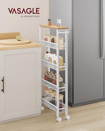 VASAGLE Slim Rolling Cart, 5-Tier Storage Cart, Narrow Cart with Handle, 5.1 Inches Deep, Metal Frame, for Kitchen, Dining Room, Living Room, Home Office, Oak Beige and Classic White ULRC034W09 - color: Oak Beige + Classic White, size: 5 Tiers (5.1"D x 39