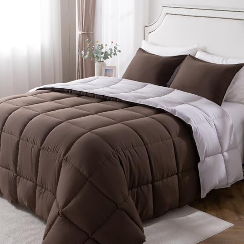 KASENTEX Twin/Twin XL Comforter Set – Reversible Dual Color – Goose Down Alternative – Ultra-Soft, Lightweight, Machine Washable, Maintain Fluffiness, All Season Warmth (Silver Cloud/Chocolate Brown) | 250 GSM Fill, Ultra-Soft, Lightweight, Machine Washab