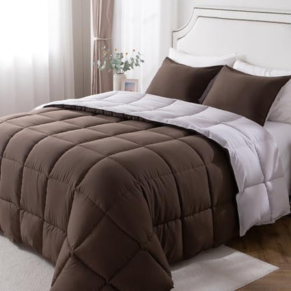 KASENTEX Twin/Twin XL Comforter Set – Reversible Dual Color – Goose Down Alternative – Ultra-Soft, Lightweight, Machine Washable, Maintain Fluffiness, All Season Warmth (Silver Cloud/Chocolate Brown) | 250 GSM Fill, Ultra-Soft, Lightweight, Machine Washab