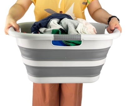 SAMMART 30L (7.9 gallon) Collapsible Plastic Laundry Basket - Foldable Pop Up Storage Container/Organizer - Portable Washing Tub - Space Saving Hamper/Basket (1, Grey/Deep Grey) - color: Grey/Deep Grey