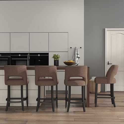 VKNOW Bar Stools Set of 4, 26" Upholstered Counter Height Bar Stools | Modern Counter Stools with Black Rubberwood Legs for Kitchen Island Dining Room Bar, Brown-Black Legs - color: Brown-black Legs, size: Set of 4