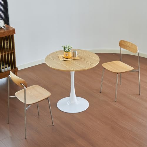 Round Dining Table, 24" Circle Tulip Table with Thickened Tabletop & Metal Pedestal, Mid Century Modern Bistro Table for Kitchen, Small Places, Living Room, Cafe (Faux Oak) - color: Faux Oak, size: 24"