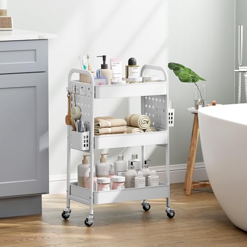 KINGRACK 3 Tier Rolling Cart with DIY Pegboard, Metal Utility Cart with Wheels, Hooks & Baskets, Sturdy Storage Organizer for Craft, Bathroom, Kitchen, Office, Nursery, Classroom (White) - color: Pure White