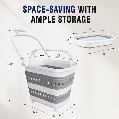 Collapsible Plastic Rolling Laundry Basket Hamper with Wheels, 45L Portable Rubber Clothes Basket, Pop Up Storage Container/Organizer for Washing & Storage, Grey - color: Grey, size: 45L