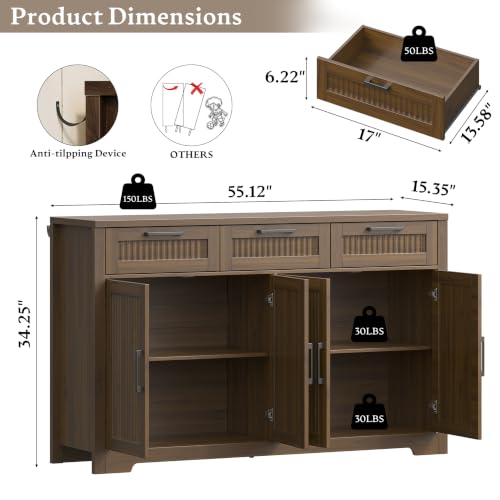 55" Fluted Buffet Sideboard Cabinet with Storage, Kitchen Buffet Table | Console Cabinet with 3 Drawers & 4 Doors, Wood Coffee Bar Console Table with Adjustable Shelf for Living Room, Walnut - color: Walnut, size: 4 Doors & 3 Drawers